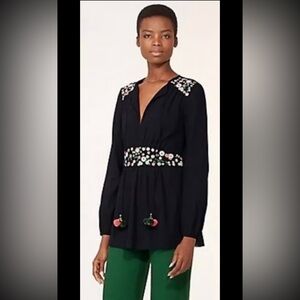 TORY BURCH Fleur Blouse Embroidered Peasant Tunic Black Floral Long Boho